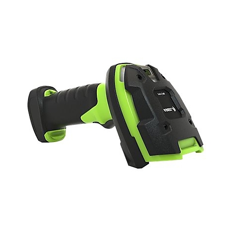 Un lecteur de codes-barres noir et vert avec le logo ZEBRA sur fond blanc.