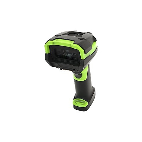 Scanner portable avec boîtier noir et accents vert néon. Le scanner pointe vers une surface blanche.