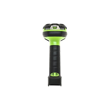 Lampe de poche noire et verte avec une poignée texturée. Dessus rond avec des détails argentés, bouton en bas.