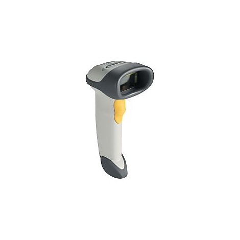 Un lecteur de codes-barres gris, blanc et jaune sur fond blanc. Le scanner est incliné.