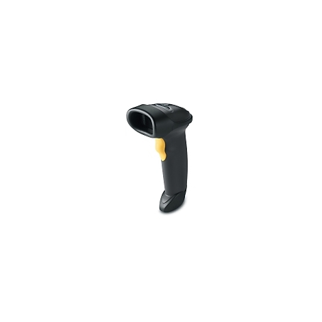 Scanner de codes-barres noir avec gâchette jaune, sur fond blanc.