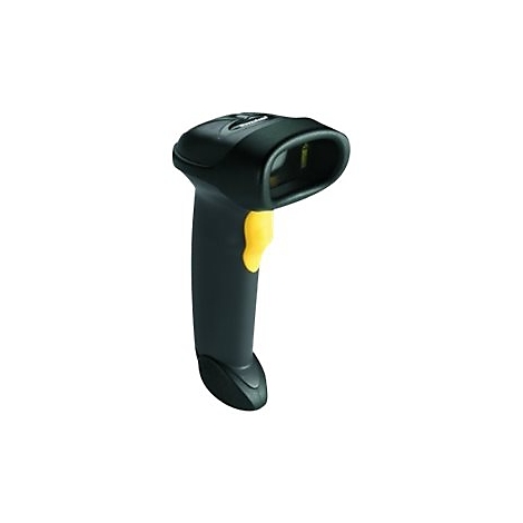 Scanner de codes-barres noir avec bouton jaune, sur fond blanc.