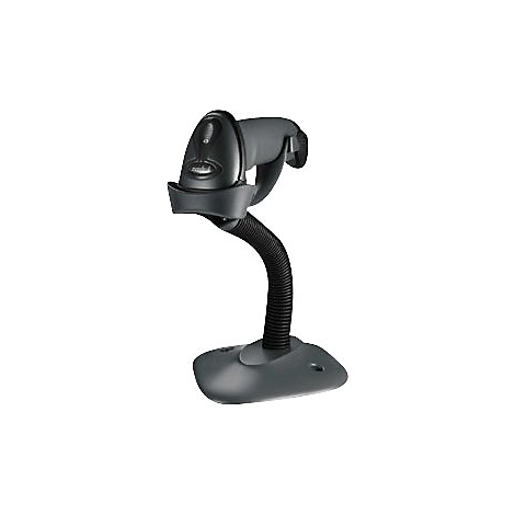 Scanner de codes-barres noir avec bras flexible sur support gris, sur fond blanc.