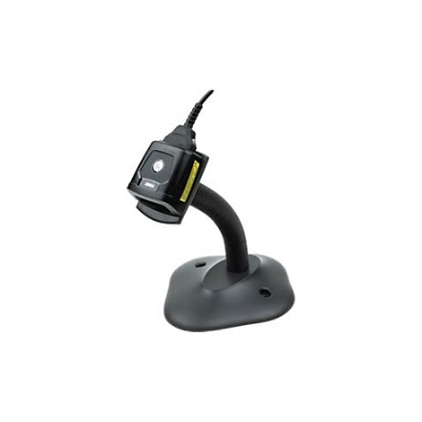 Ein schwarzer Barcodescanner mit flexibler Halterung und Basis auf weißem Hintergrund.