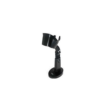 Schwarze Halterung für einen Barcodescanner, mit ovalem Fuß und verstellbarem Arm.
