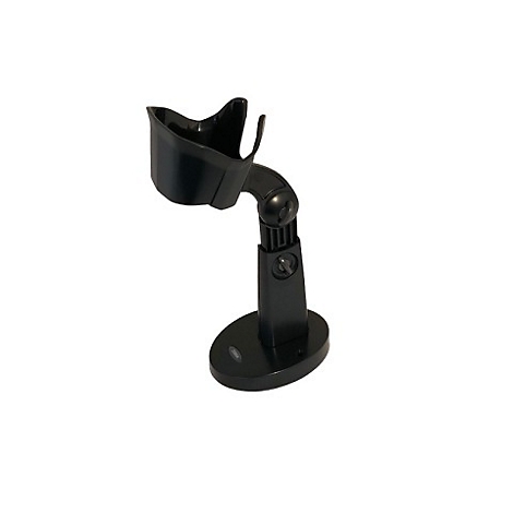 Schwarze Halterung für einen Barcode-Scanner. Geformt wie eine Halterung, befestigt auf einer ovalen Basis.