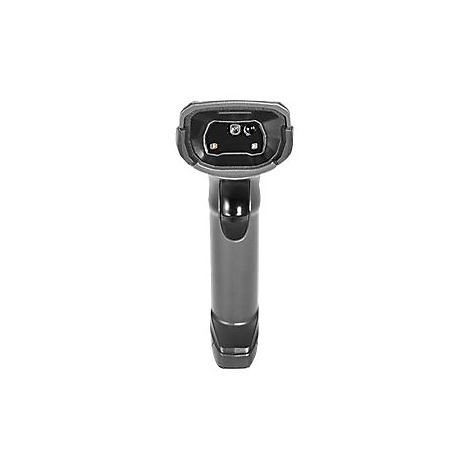 Vue de dessus d'un lecteur de codes-barres noir. Haut avec ouverture rectangulaire, en dessous une longue poignée.