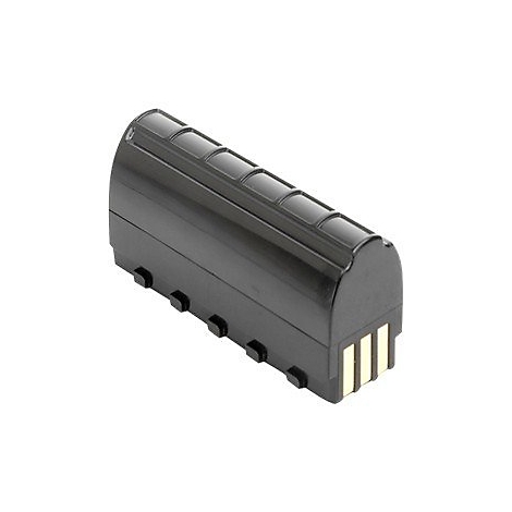 Schwarzer Akku mit goldfarbenen Kontakten. Oben abgerundet, gerillt. Unten kleine, schwarze Noppen.