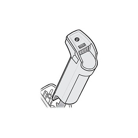 Schwarz-weiße Abbildung eines grauen Gerätes mit gebogener Form, das an einer Basis befestigt ist. Oben ein Schlitz, vermutlich für einen Stecker.