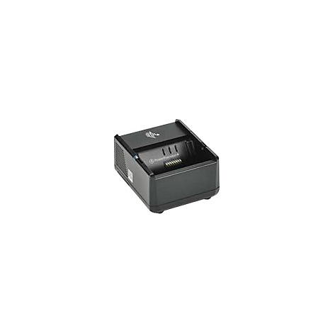 Schwarze Ladestation für ein mobiles Gerät mit dem Logo "Zebra".