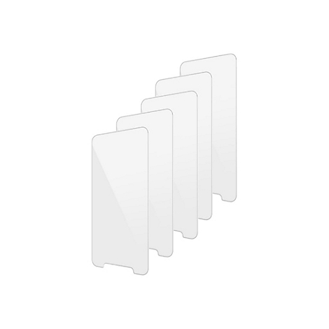 Fünf transparente Displayschutzfolien aus Glas, versetzt hintereinander auf weißem Hintergrund angeordnet.