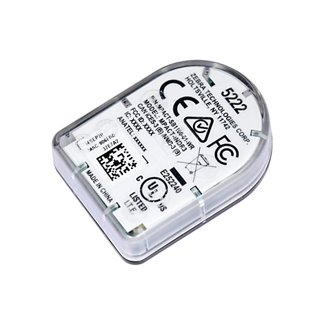 Nahaufnahme eines elektronischen Geräts mit transparentem Gehäuse. Auf der weißen Oberfläche sind Logos, Text und ein Barcode zu sehen.