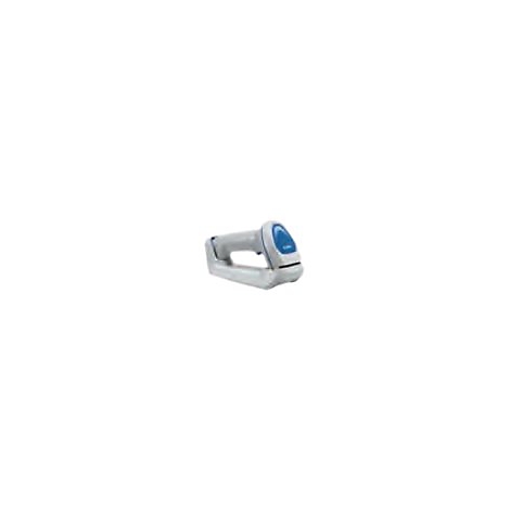 Scanner de codes-barres gris avec élément bleu, sur fond blanc.