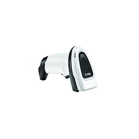 Scanner de codes-barres Zebra blanc et noir, sur fond blanc.
