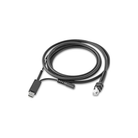 Un câble noir sur fond noir. Une extrémité est dotée d'un connecteur USB, l'autre d'un connecteur rectangulaire.