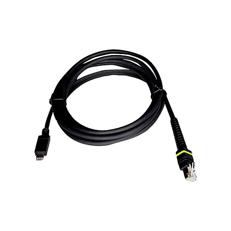 Un câble noir sur fond blanc. Une extrémité est dotée d'un connecteur USB, l'autre d'un connecteur Ethernet.