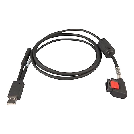 Câble noir avec connecteur USB, connecteur noir avec bouton rouge et un autre connecteur.