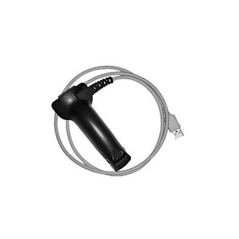 Un lecteur de codes-barres noir avec un câble gris et une prise USB. Le scanner est illustré sur fond blanc.