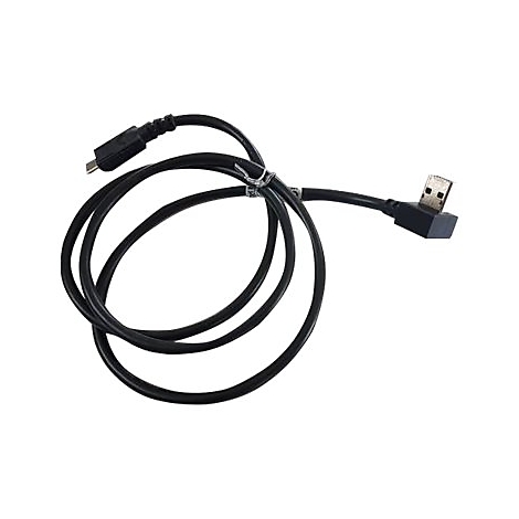 Un câble USB noir avec connecteur micro-USB et USB-A coudé, sur fond blanc.