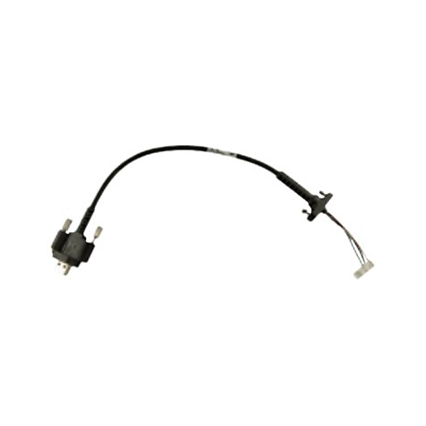 Un câble noir avec plusieurs connecteurs, disposés sur fond blanc.