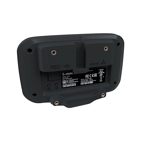 Rückseite eines schwarzen Zebra-Geräts mit Anschlüssen, Aufklebern und Schrauben.