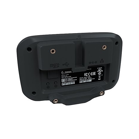 Dos d'un appareil Zebra noir, avec ports, autocollants et vis. Micro-fente et port USB visibles.