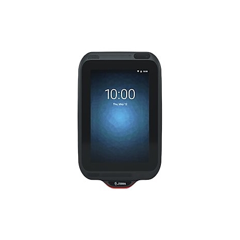 Schwarzer Handheld-Computer mit Touchscreen. Auf dem Bildschirm ist 10:00 Uhr und Datum zu sehen. Unten steht der Name 'Zebra'.