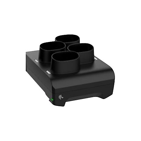 Station de recharge noire avec quatre ouvertures. Une LED verte s'allume à l'avant.