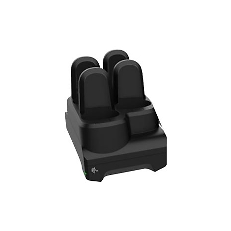 Station de charge noire avec quatre emplacements pour charger des appareils. Une lumière verte est allumée.