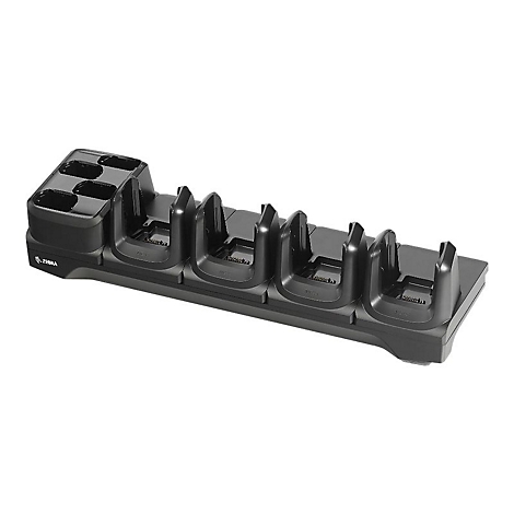 Station de recharge Zebra noire pour plusieurs appareils. Compartiments de charge à gauche, emplacements pour appareils à droite.