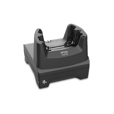 Station de recharge noir avec l'inscription 'RFD40 TC21/26'. Le logo Zebra est visible.