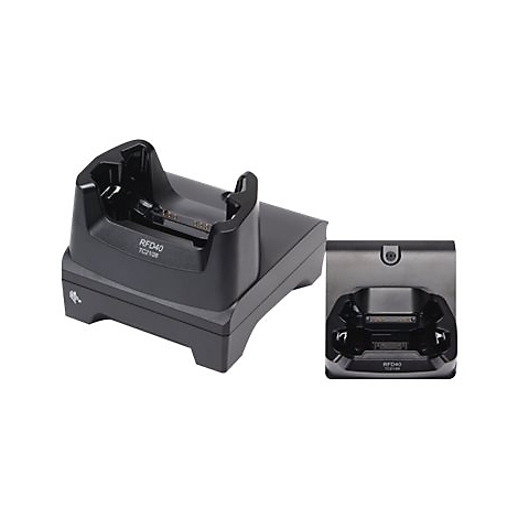 Station de recharge noire pour un appareil mobile, deux vues.