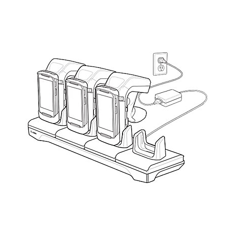 Station de recharge multi-appareils, avec cordon d'alimentation et prise. Les appareils sont alignés, affichant leurs écrans vers l'avant.