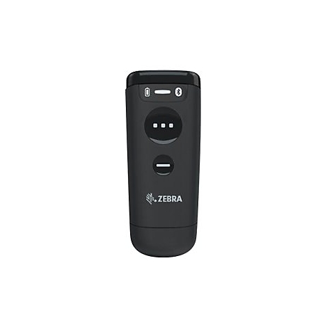 Schwarzes Zebra-Gerät mit Tasten und Bluetooth-Symbol. Unterhalb des Knopfes steht der Markenname Zebra.