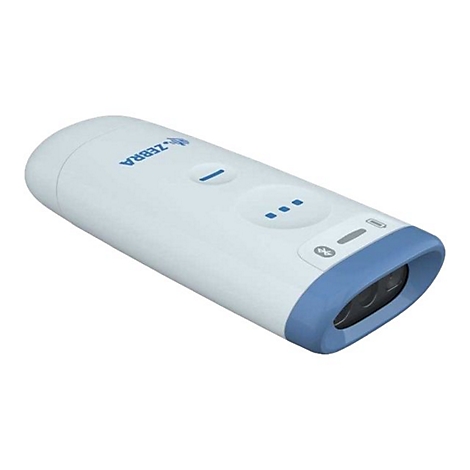 Handlicher, weiß-blauer Zebra-Barcode-Scanner; blaue Tasten und Bluetooth-Symbol.