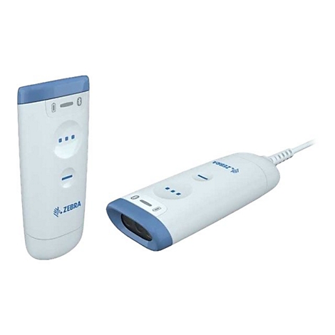 Zwei weiße Barcodescanner, einer mit Kabel, beide mit blauen Akzenten und Zebra-Logo.