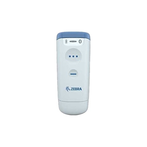 Appareil Zebra blanc et bleu pratique. Indicateurs supérieurs pour Bluetooth et alimentation, en dessous trois points et une ligne. Appareil avec des coins arrondis.