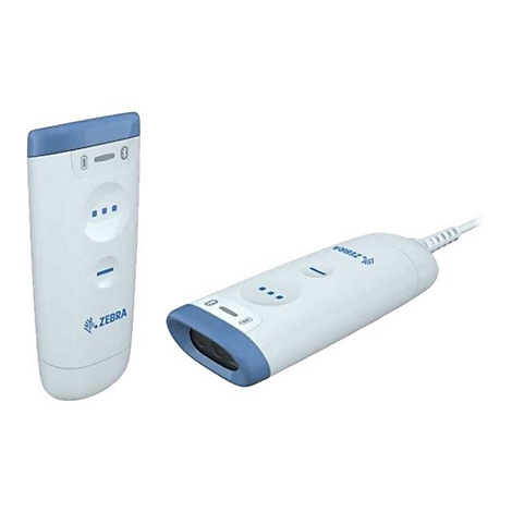 Zwei weiße Barcodescanner, einer steht aufrecht, der andere liegt. Blaue Akzente, Zebra-Logo.