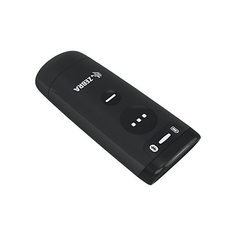 Un scanner de codes-barres Zebra noir. Il possède un bouton rond avec un tiret et trois points en dessous.