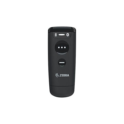 Schwarzer Handheld-Scanner mit Tasten und Bluetooth-Symbolen. Zebra-Logo unten.