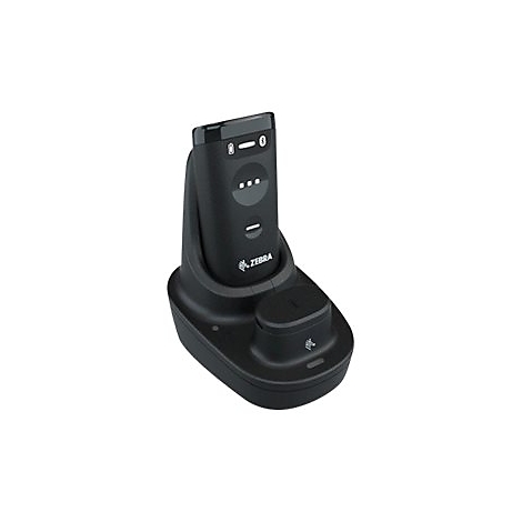 Schwarzes Zebra-Ladegerät, Scanner an der Basis. Oben eine Anzeige für den Batteriestand.