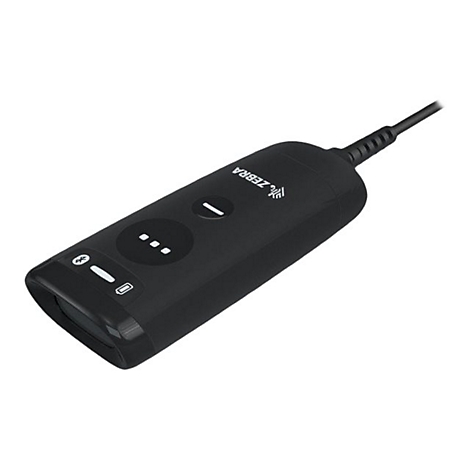 Schwarzer Handheld-Barcode-Scanner mit Kabel. Auf der Oberfläche sind Tasten und LEDs zu sehen. Der Schriftzug ZEBRA ist erkennbar.