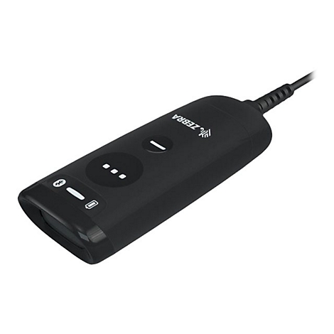 Scanner portable noir avec câble. Logo Zebra en haut. Indicateurs LED et boutons sur la surface.