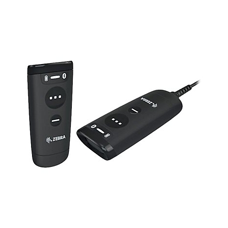 Deux scanners Zebra noirs, un avec un câble, montrent des boutons, des logos, des indicateurs Bluetooth et de charge.