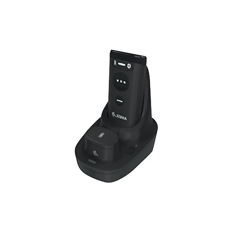 Station de recharge Zebra noire avec un appareil portable. Des boutons, le logo Zebra et des ports de charge sont visibles sur la station.