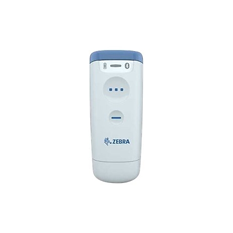 Un appareil Zebra blanc et bleu, portable, avec des boutons et un symbole Bluetooth. En dessous, on peut lire "ZEBRA".