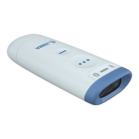 Handscanner, weiÃŸ mit blauen Akzenten. Firma ZEBRA, Tasten und Anzeige-LEDs.