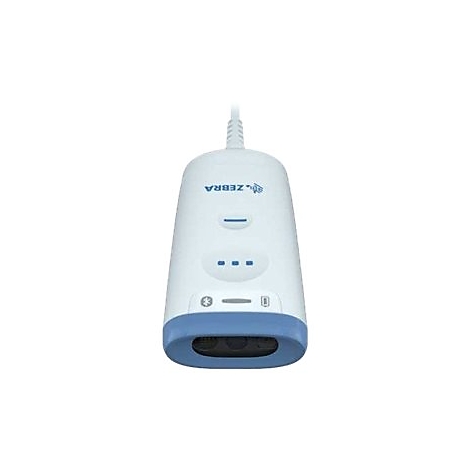 Scanner de codes-barres sans fil de Zebra, blanc et bleu, avec logo et voyants.