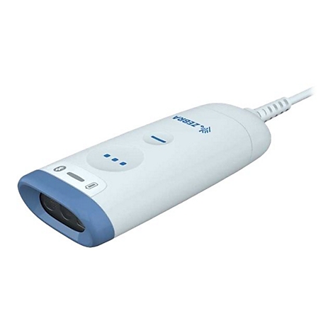 Scanner de codes-barres blanc et bleu avec un câble. Boutons bleus sur la surface, logo Zebra visible.