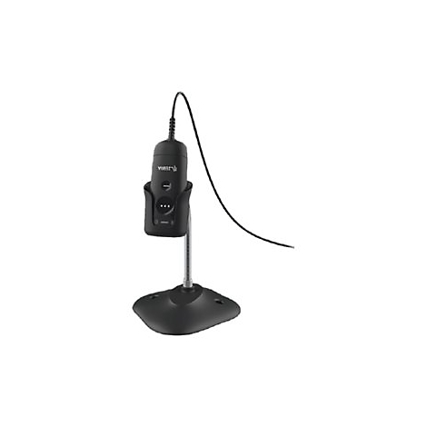 Lecteur de codes-barres noir avec support sur fond blanc. Inscription Zebra en haut.